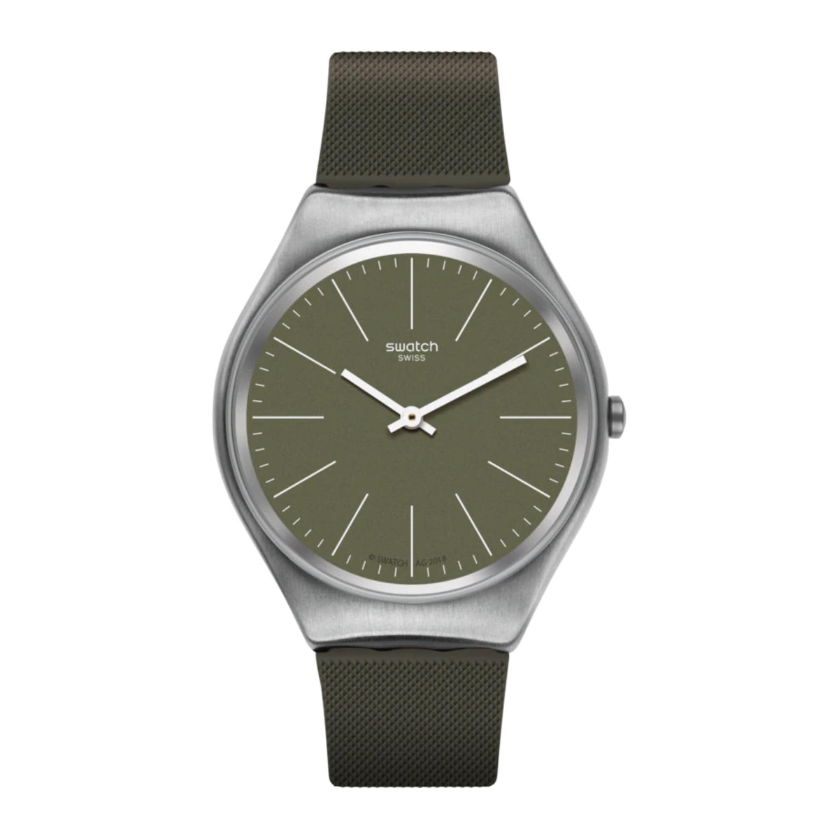 Men's wristwatch front view: khaki-green dial, silver case, dark green strap