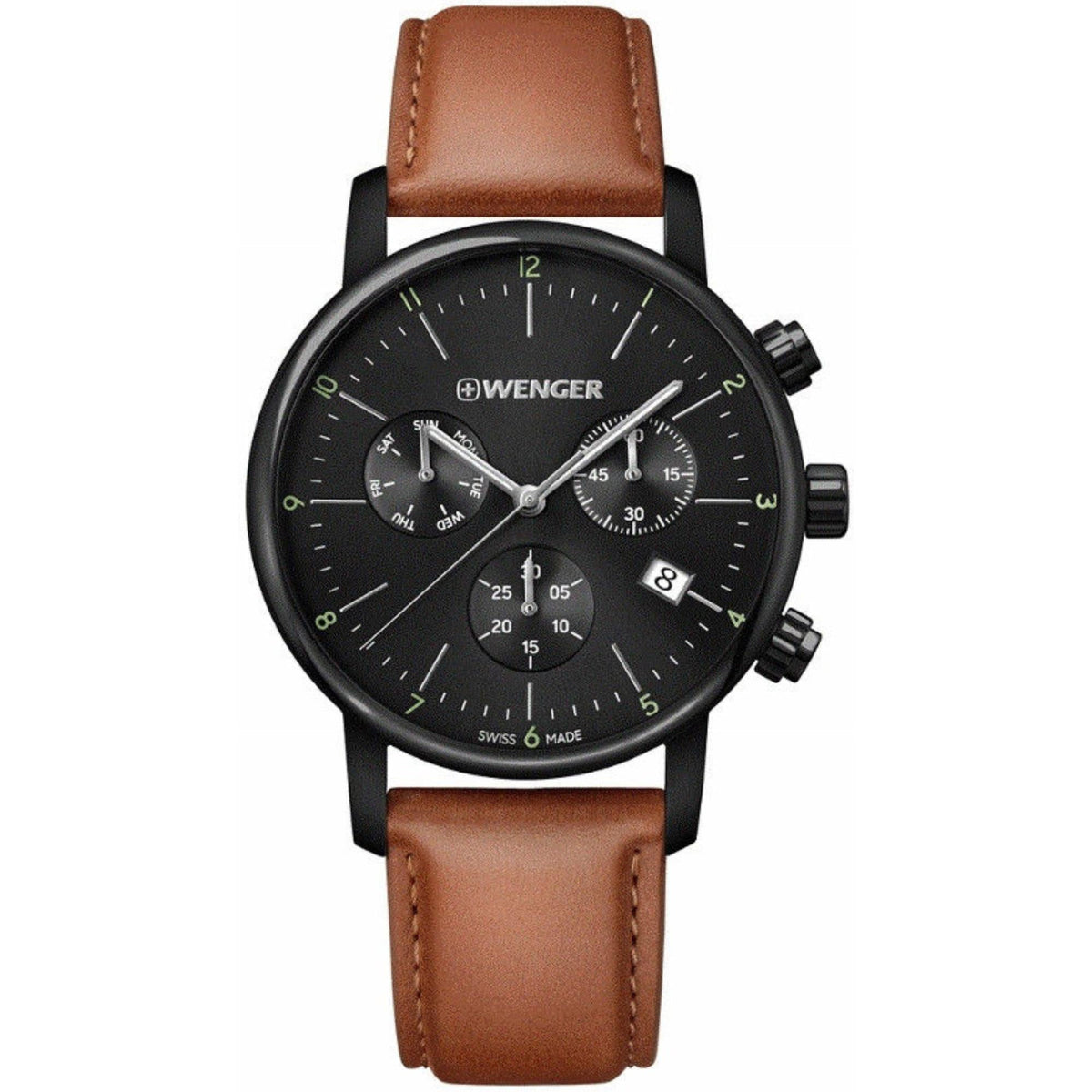 Men's chronograph watch with round black dial, brown leather strap, and side pushers.