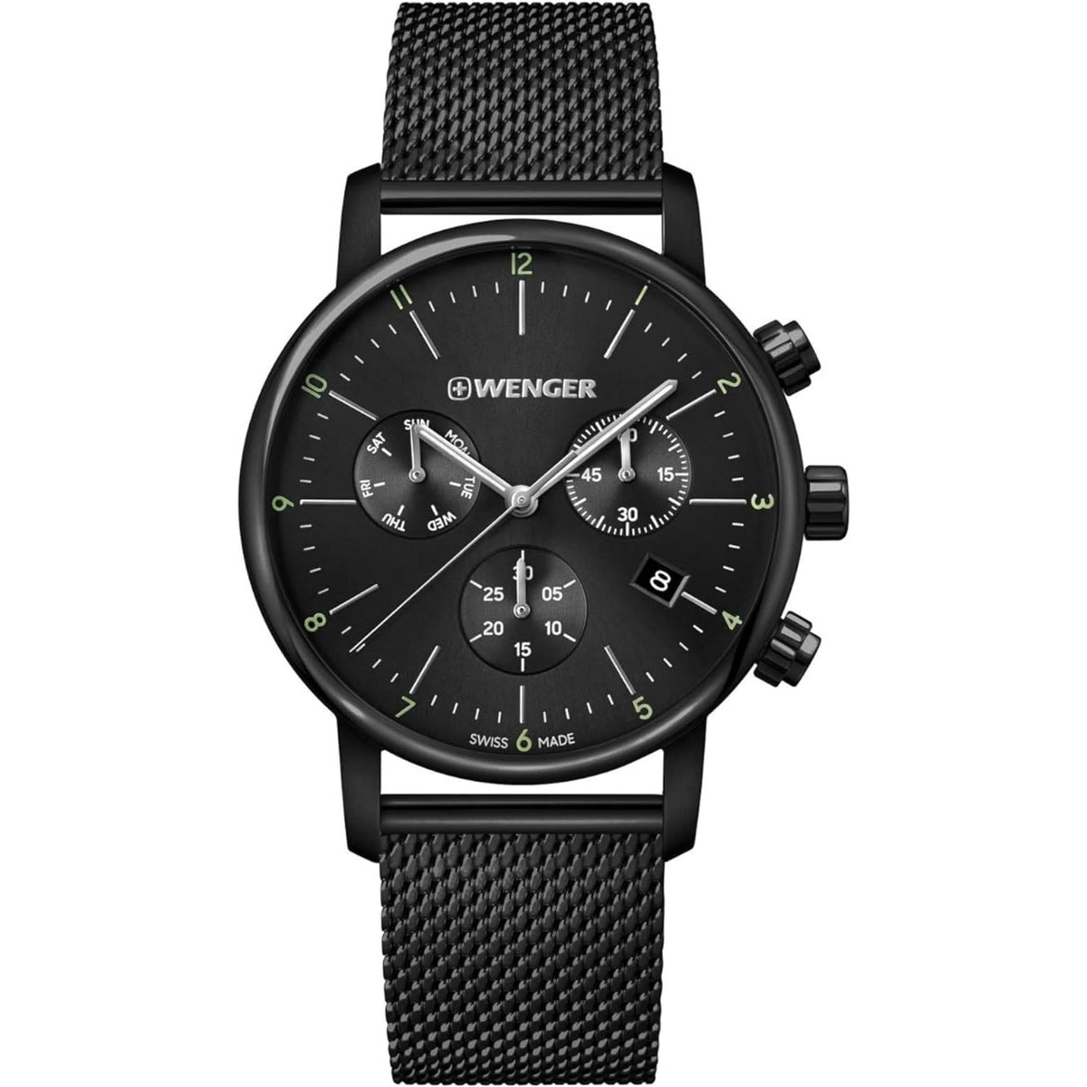 Men's Wenger chronograph quartz watch with black dial and black metal mesh band