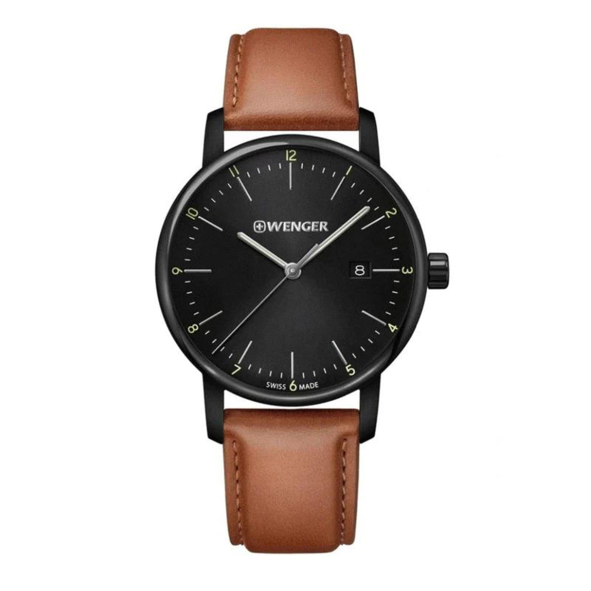 Wenger men's quartz watch front view with black dial, Wenger logo, brown leather strap