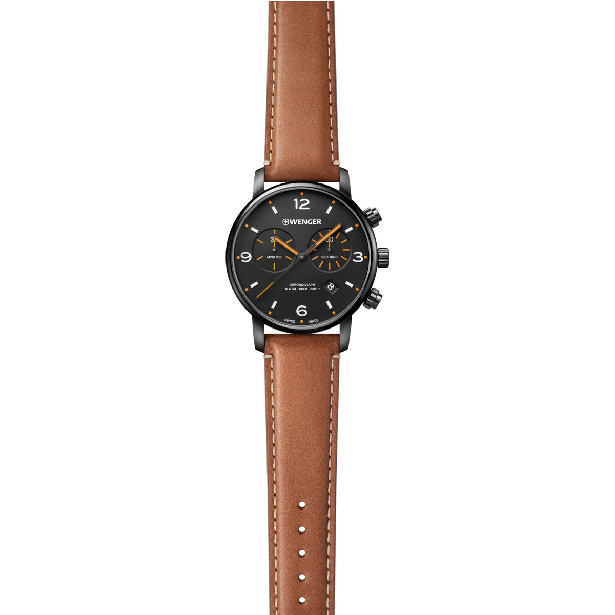 Men's Wenger chronograph watch with brown leather strap, black dial from side angle