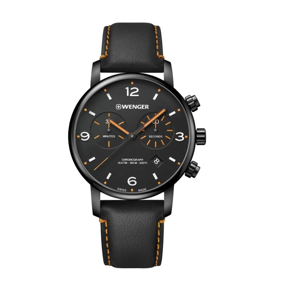 Wenger men's chronograph watch with black dial and black leather strap, pushers visible