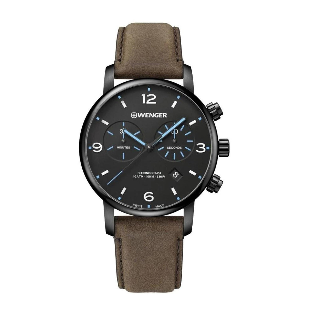 Chronograph watch with black dial, blue seconds hand, and brown leather strap