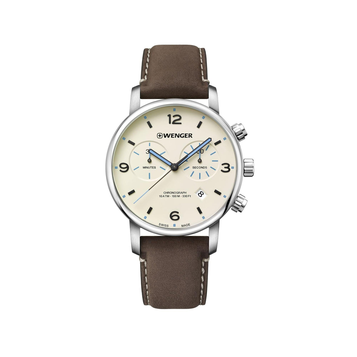 Wenger Metropolitan men's chronograph watch, cream dial with subdials and brown leather strap