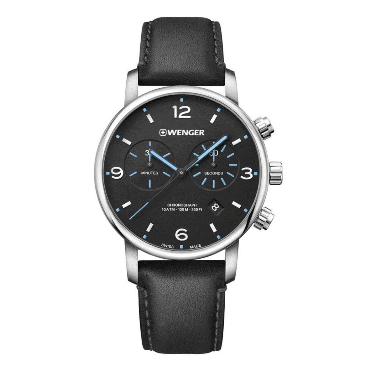 Men's chronograph quartz watch with black dial, black leather strap, silver bezel and pushers.