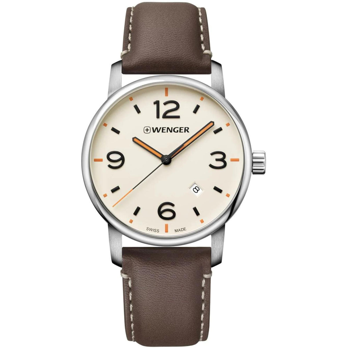 Men's quartz wristwatch with cream dial, orange hands, brown leather strap, silver bezel.