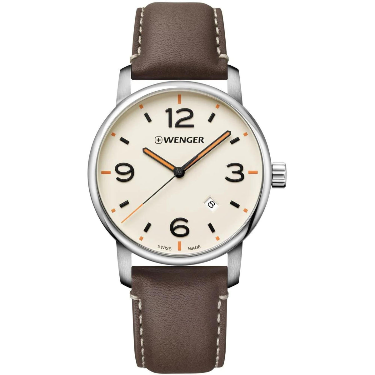 Men's quartz wristwatch with analog cream dial, brown leather strap, crown at 3 o'clock.