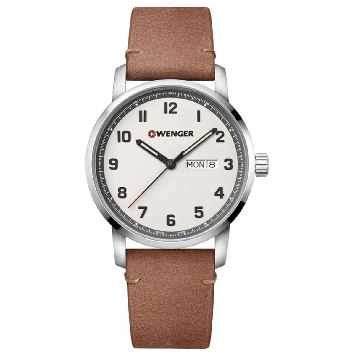 Round men's watch with brown leather strap, cream dial, and dark bezel with markers