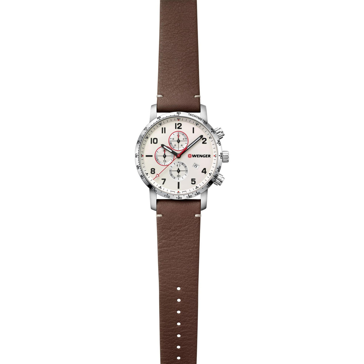 Men's chronograph watch on brown leather strap, cream dial, silver case with crown detail