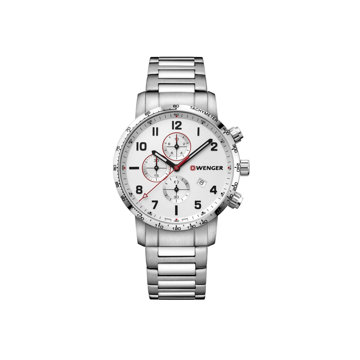 Men's Wenger chronograph watch, silver dial, red second hand, steel bracelet