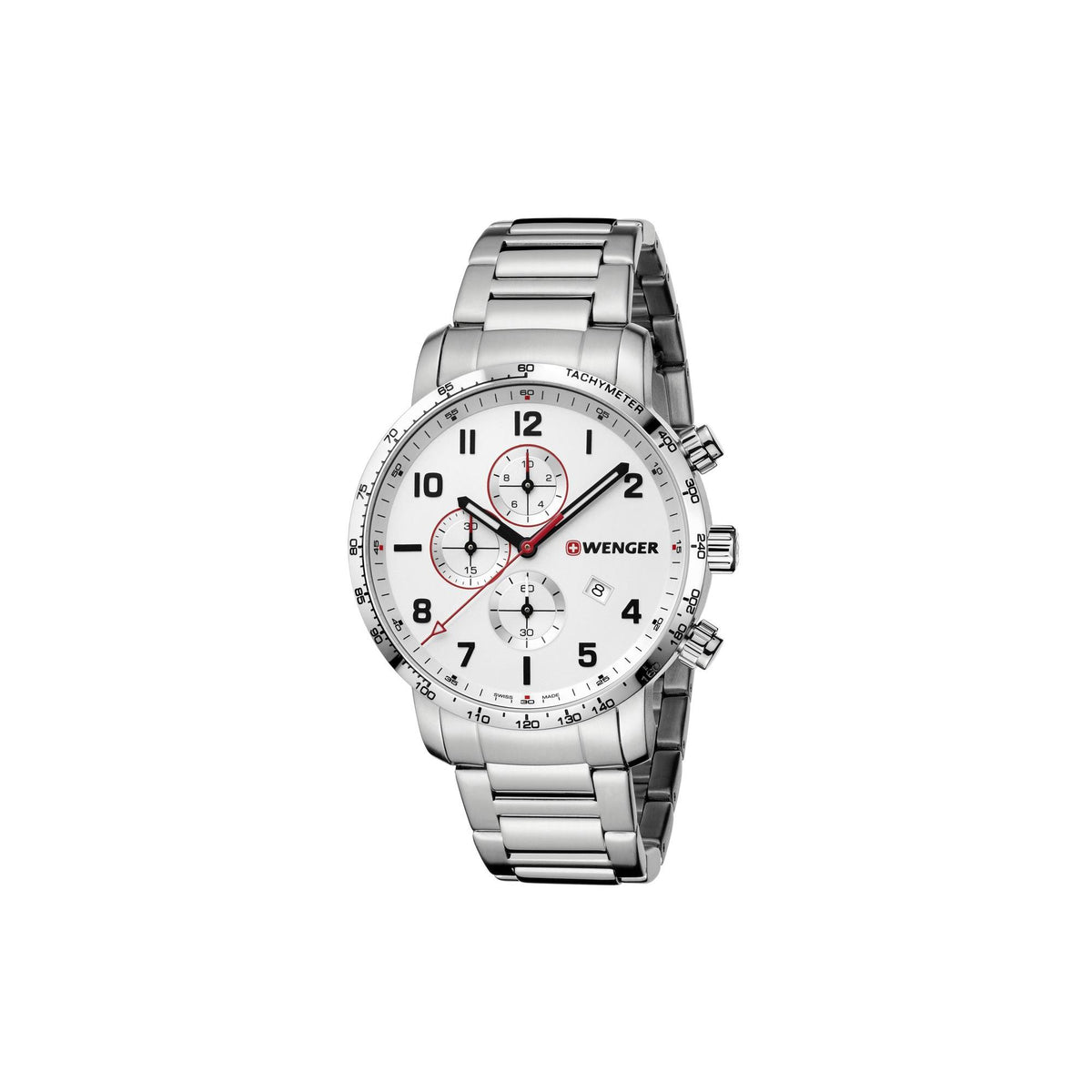Men's Wenger chronograph watch, side angle, silver dial, pushers and crown, steel bracelet