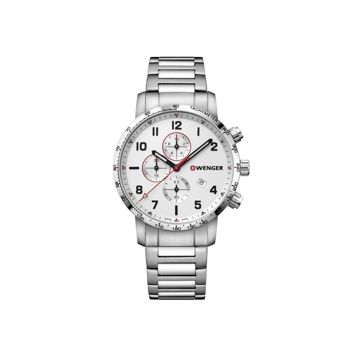 Men's Wenger chronograph watch, front view, silver dial with three subdials, steel band