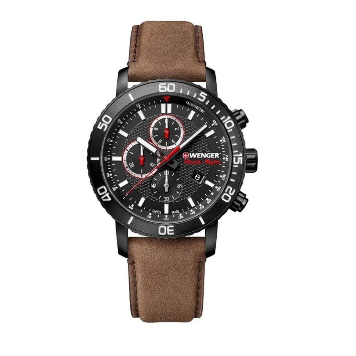 Men's black dial quartz chronograph watch with brown leather strap and three subdials