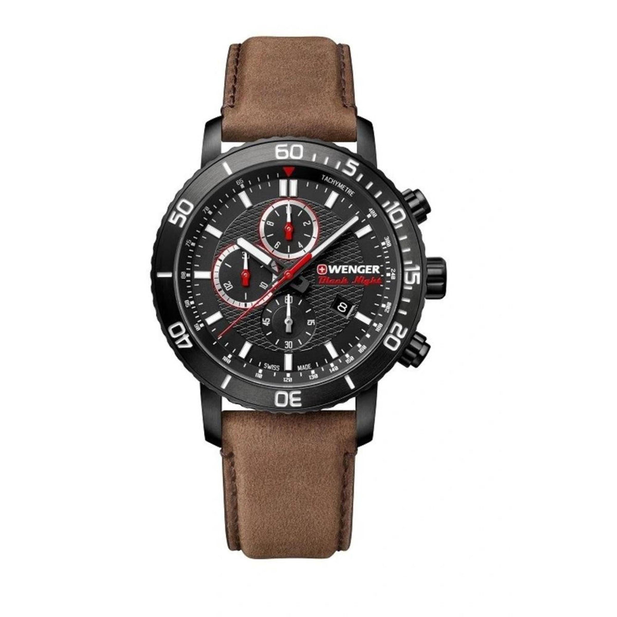 Men's quartz watch with black dial, brown leather strap, and red-accent hands