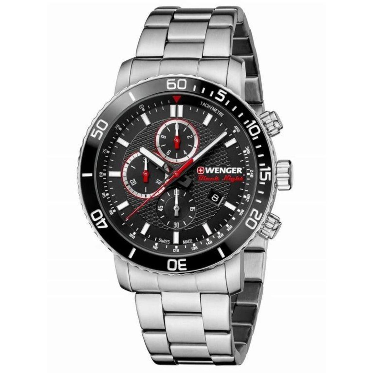 Men's quartz chronograph watch with black dial, silver steel bracelet, red subdial ring accents.
