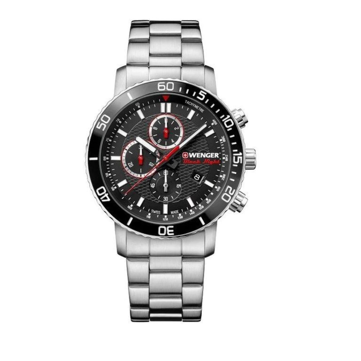 Men's quartz watch with black dial, silver bezel markers, red accents, silver steel bracelet.