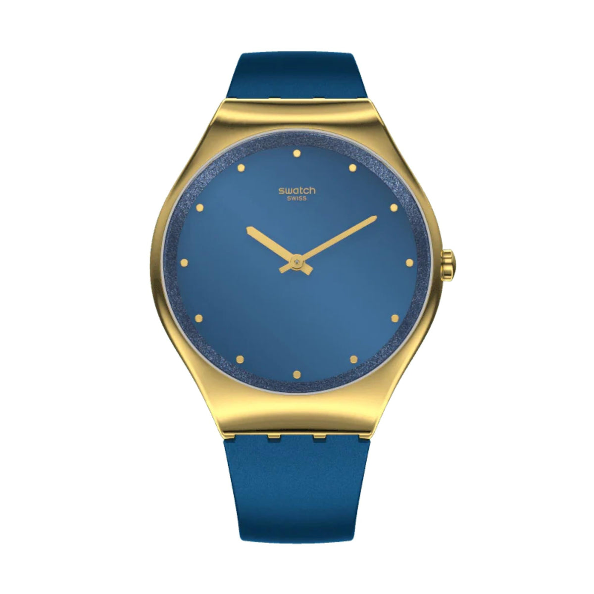 Round blue dial quartz watch with gold-tone case and dark blue strap
