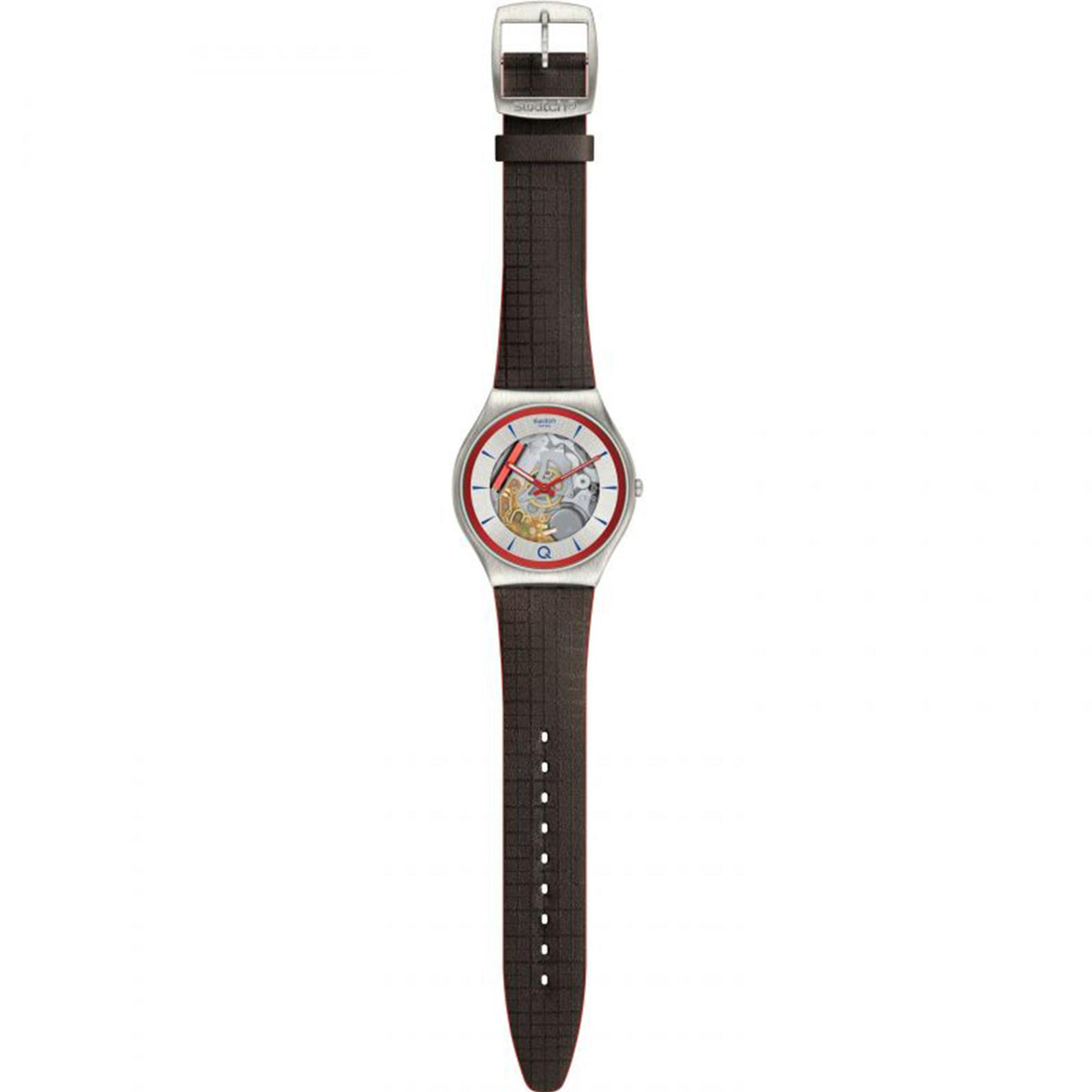 Wristwatch side view showing round case, detailed dial, and dark brown leather strap.