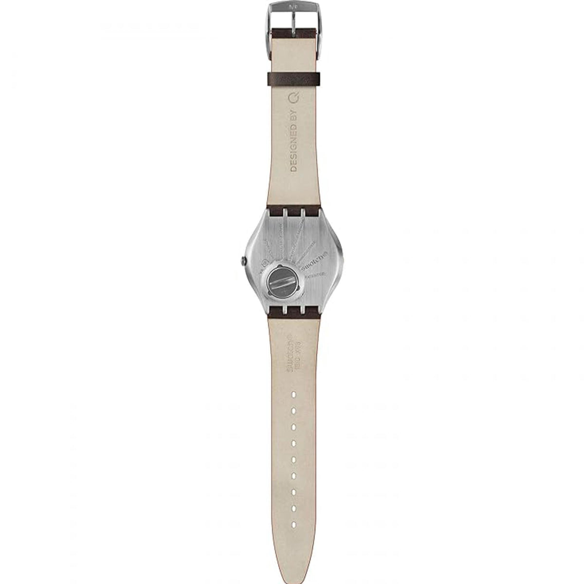 Wristwatch back view with silver case and light tan leather strap with stitched holes.