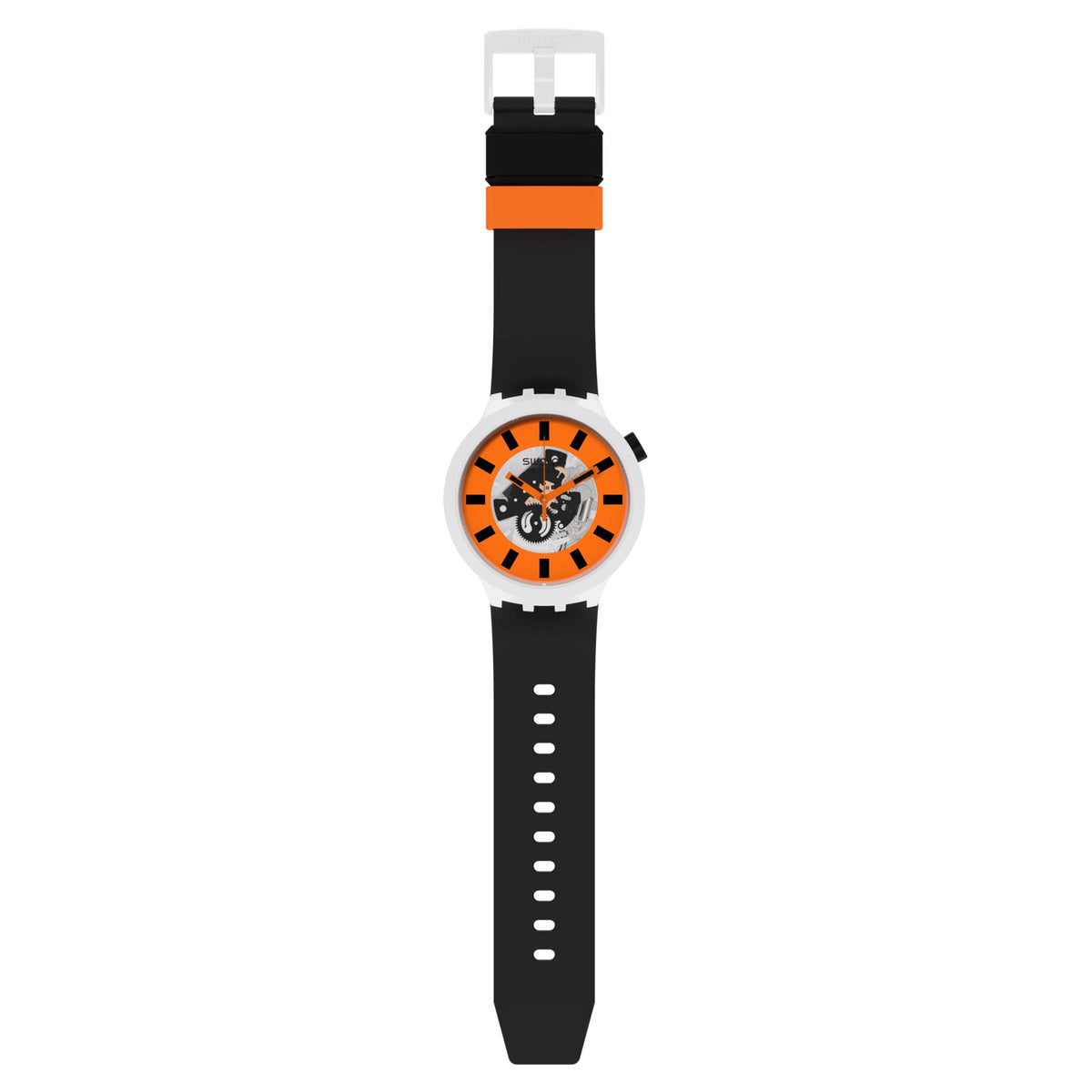 Quartz watch with orange dial and black silicone strap, isolated front view