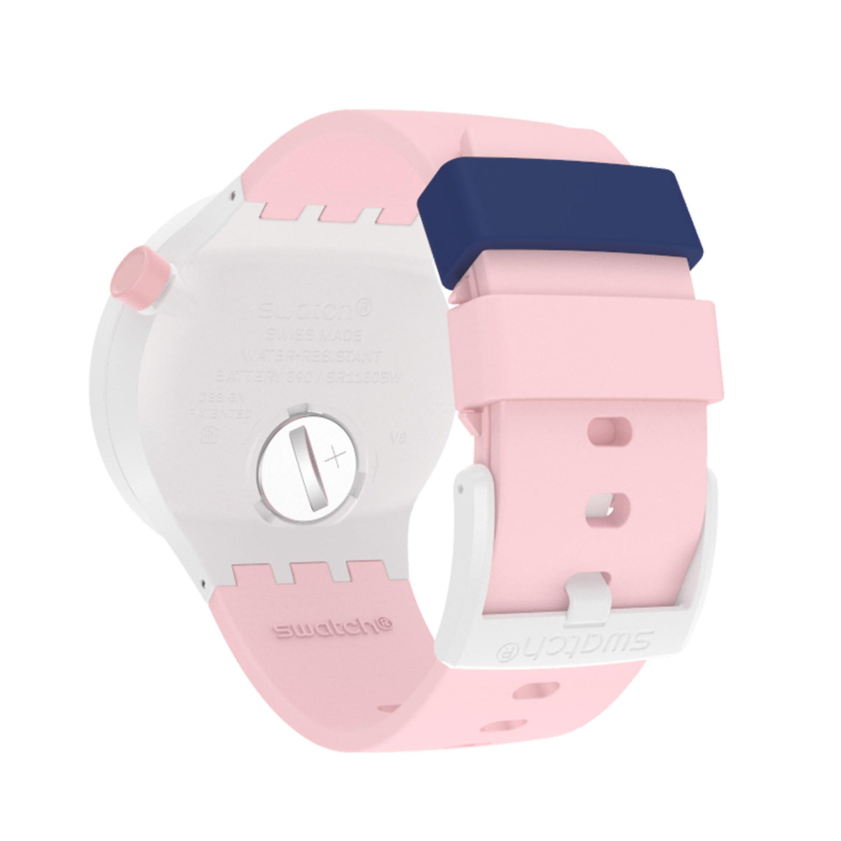 Quartz watch showing case back with pink silicone strap and side details