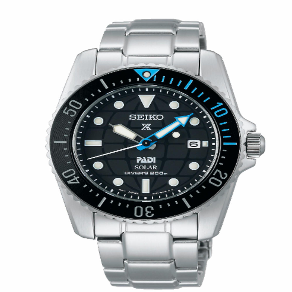 Seiko stainless solar dive watch with black dial, blue bezel, and three-link bracelet