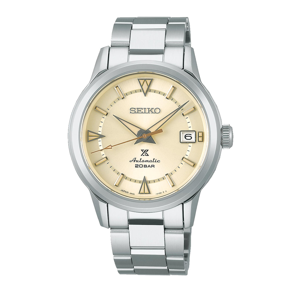Men's stainless steel automatic watch with cream dial and linked bracelet, date at 6