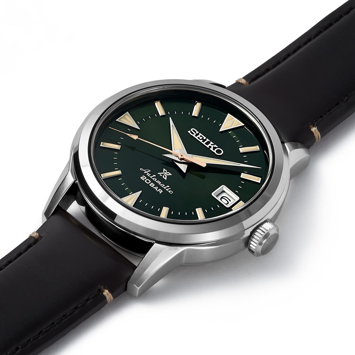 Seiko Prospex Alpinist watch showing green dial and date window at 6 o'clock