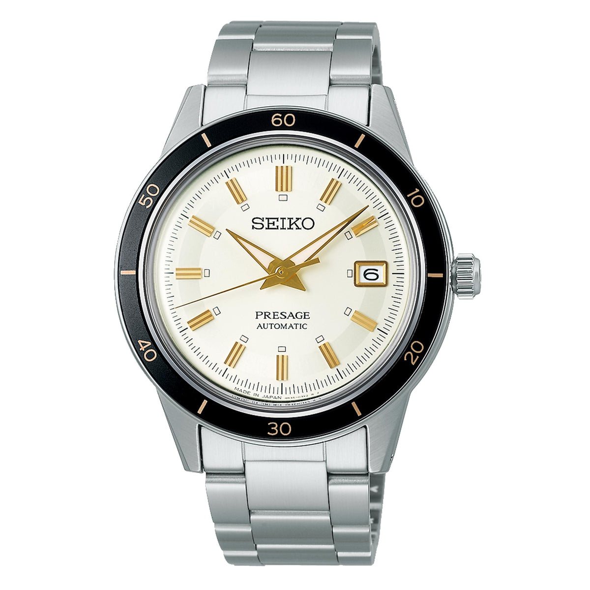 Men's stainless-steel automatic wristwatch with white dial, gold indices, and black bezel