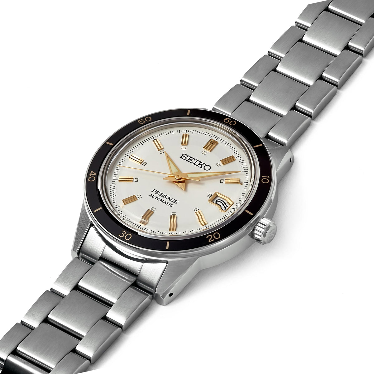 Men's stainless-steel bracelet watch with white dial, gold markers, and black bezel ring