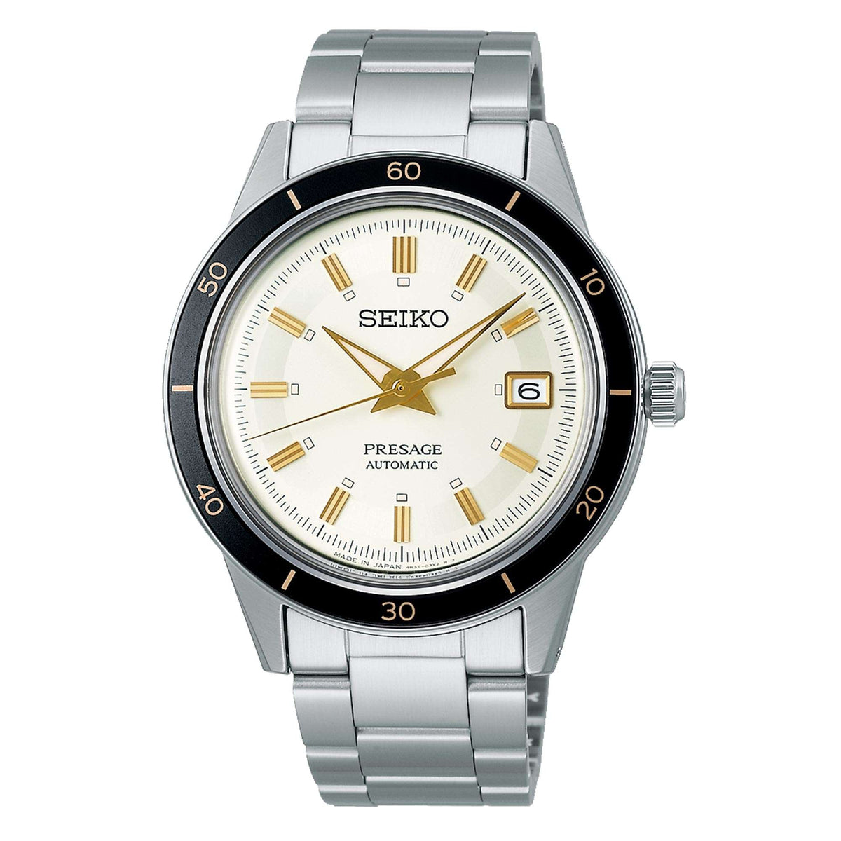 Men's stainless steel automatic watch, white dial, gold markers, black bezel, date window