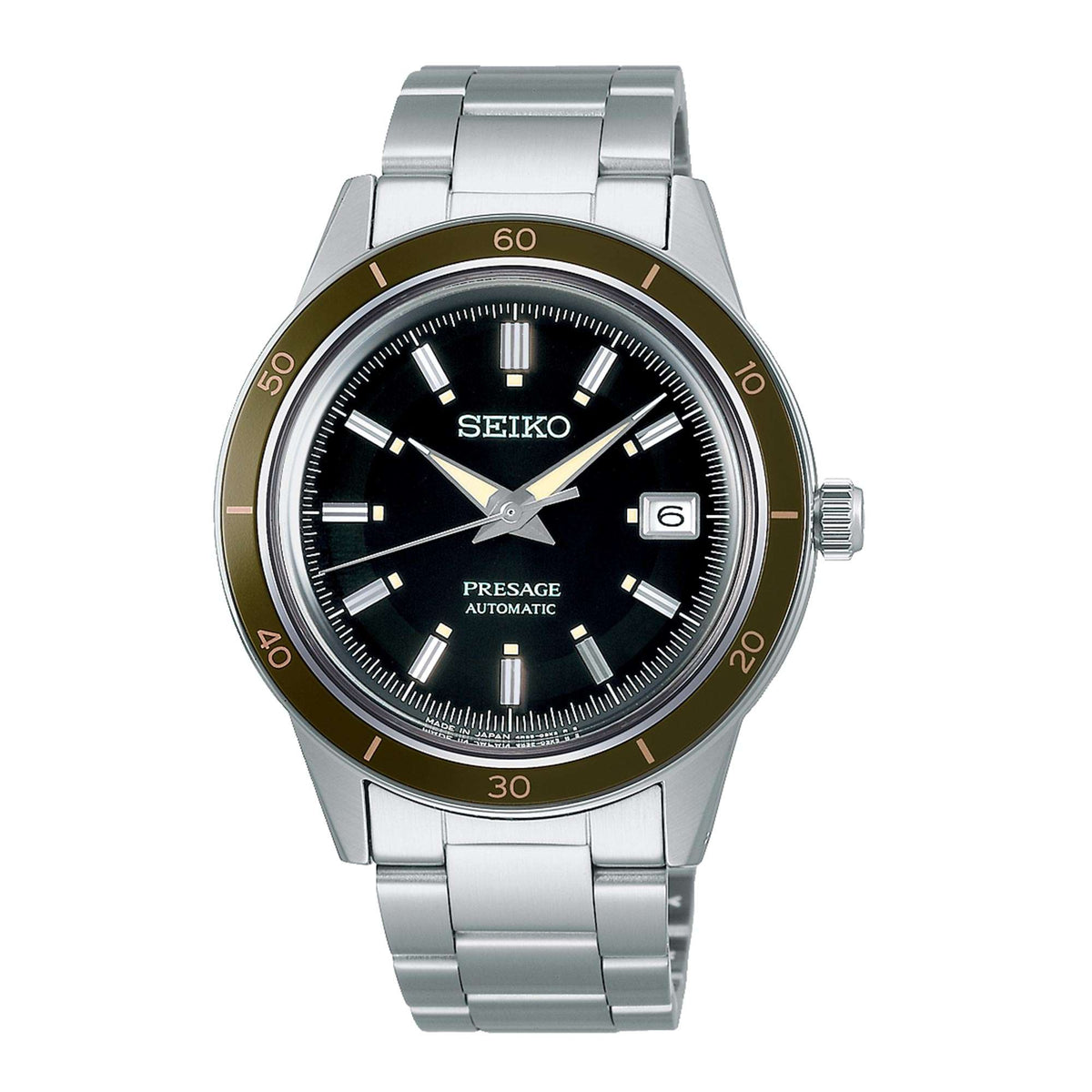 Men's stainless steel Seiko Presage automatic watch with black dial, baton markers, steel bracelet