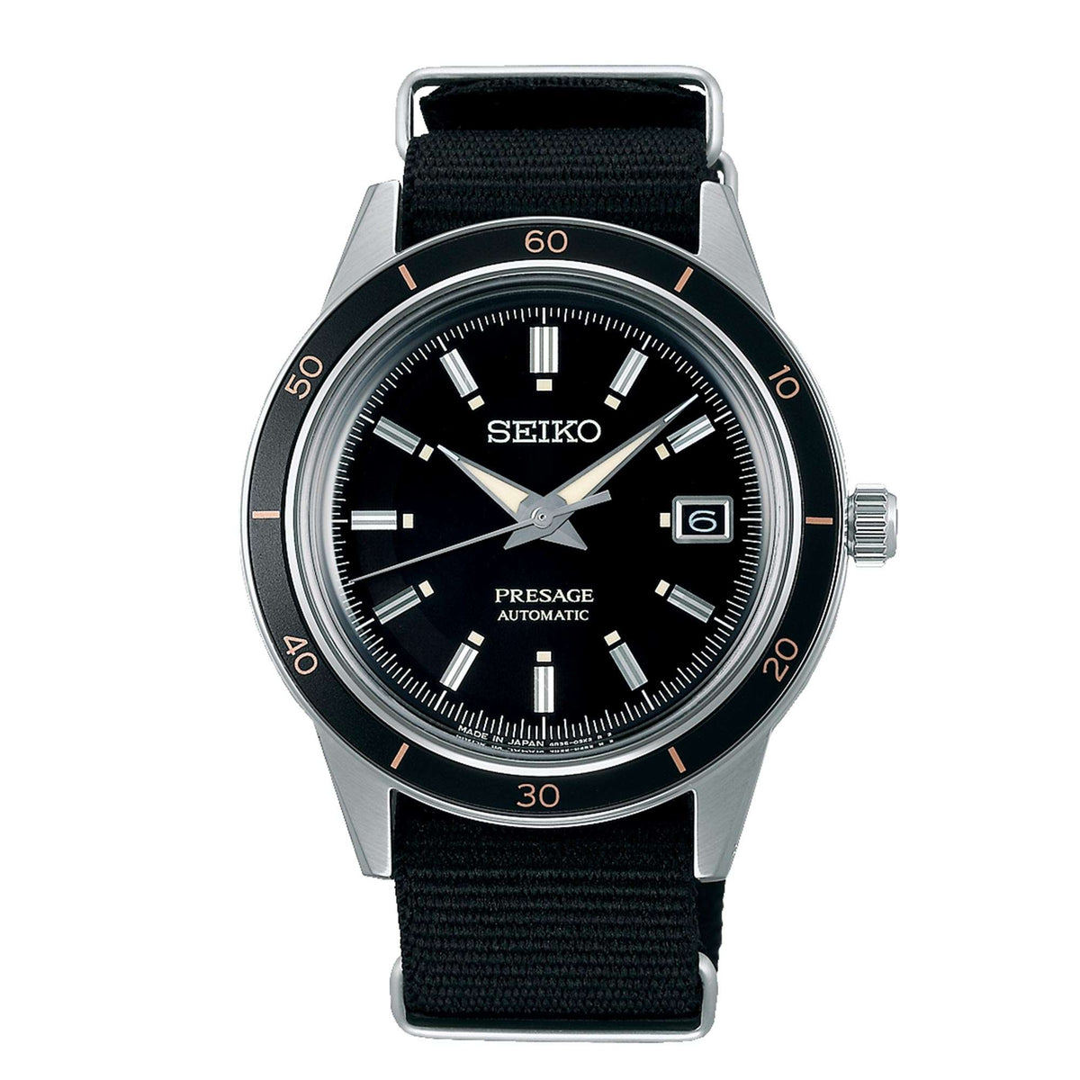 Seiko Presage automatic watch with black dial, hour markers, and black fabric strap
