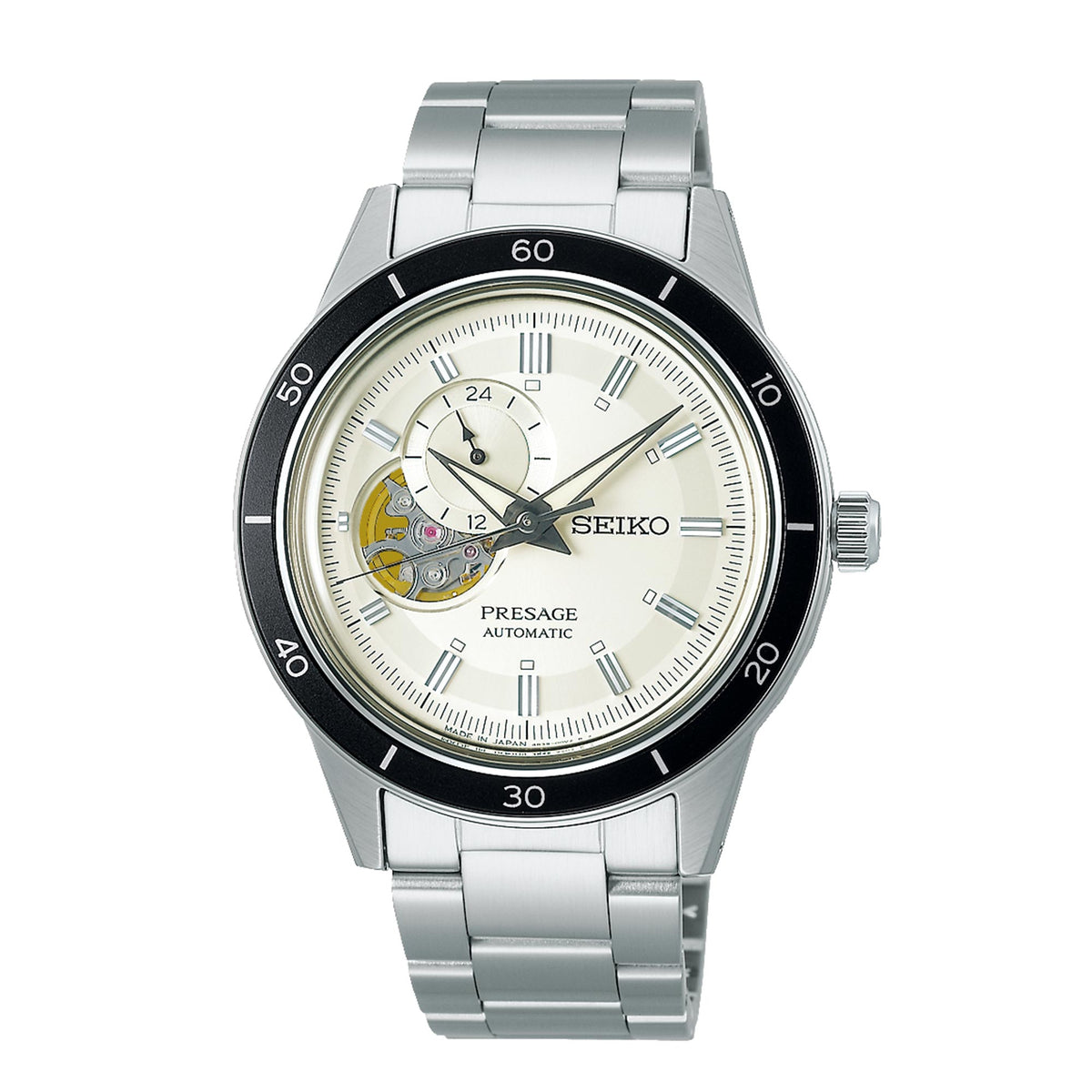 Men's stainless steel automatic watch with silver dial, black bezel, metal link bracelet