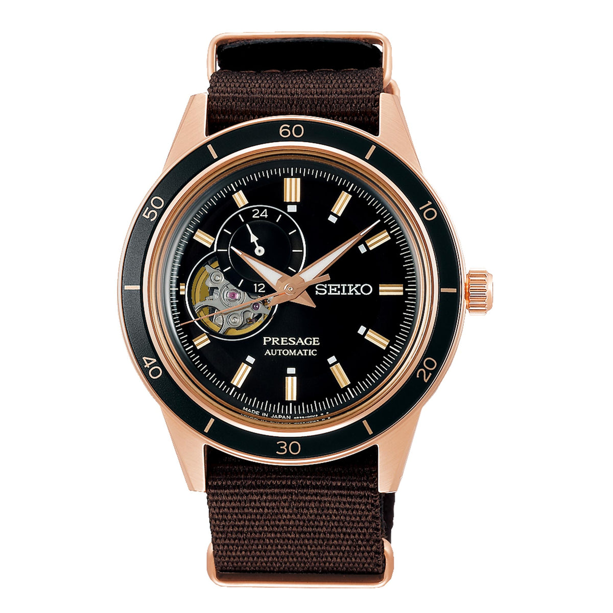 Front view men's automatic watch, black open-heart dial, rose-gold case, dark brown NATO strap
