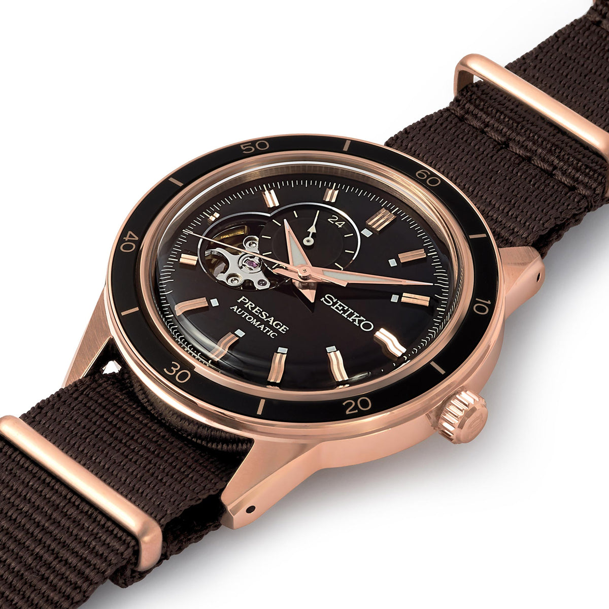Men's automatic watch angled view, black open-heart dial, rose-gold case, dark brown strap