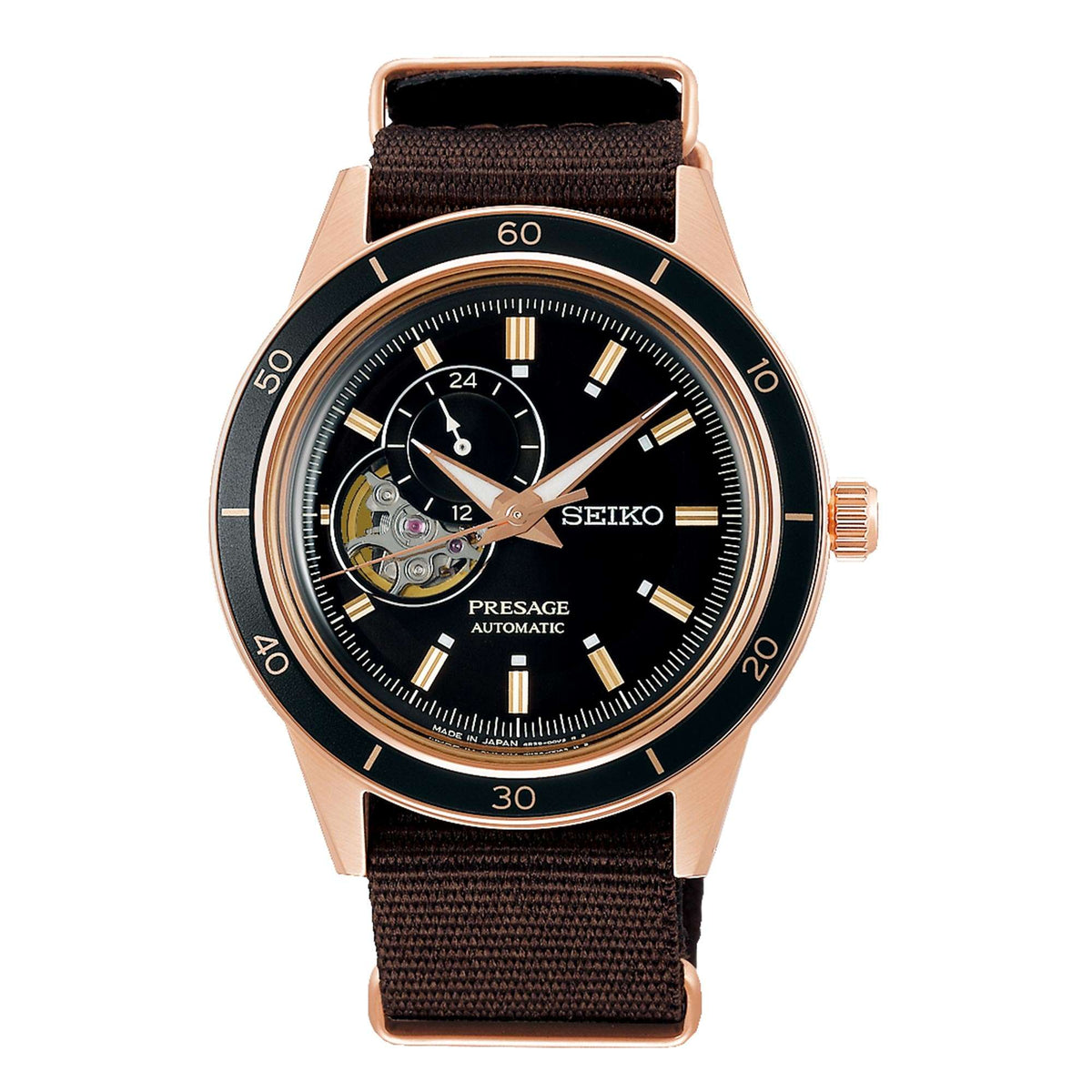 Men's automatic watch with black open-heart dial, rose-gold case, and brown NATO strap