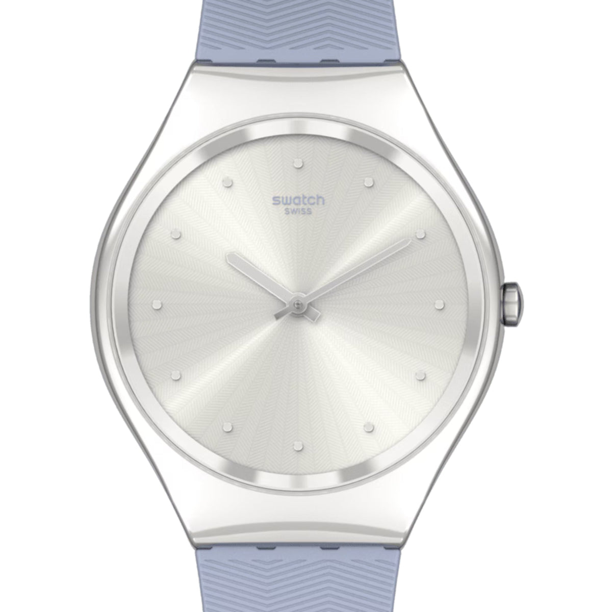 Ladies quartz watch with silver case, blue textured strap, and white sunburst dial with dot markers