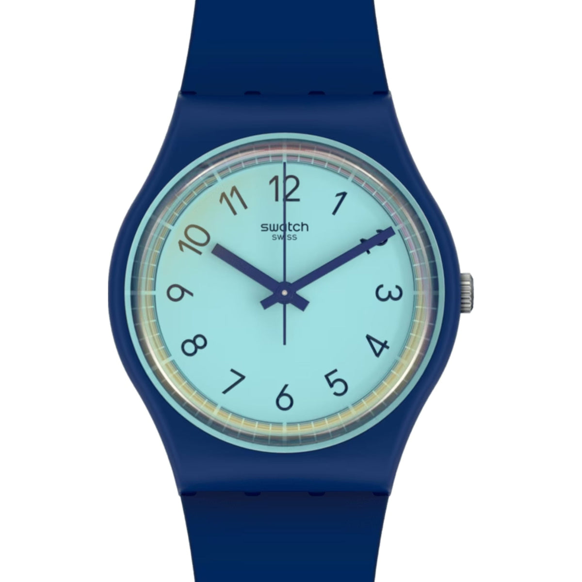 Mint-blue dial quartz watch with dark blue silicone strap, analog numbers and markers