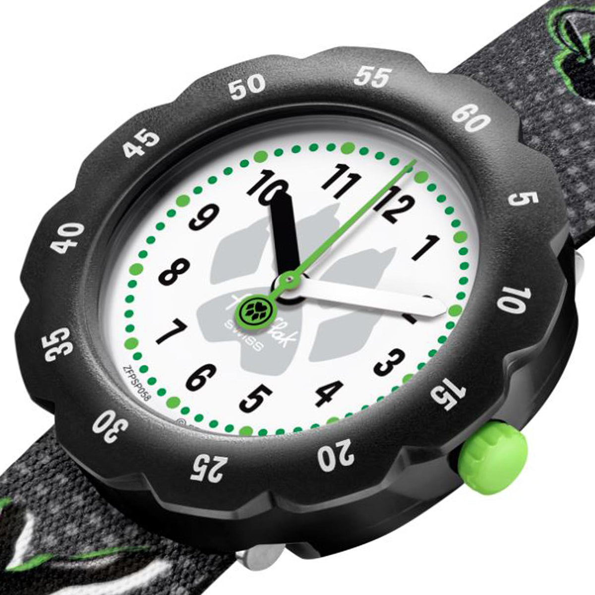 Kids quartz watch close-up: black spiky bezel, white dial, green dot minute markers