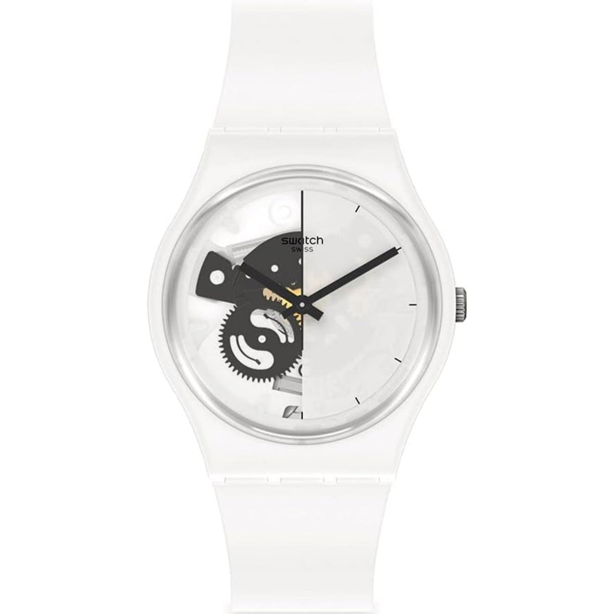 White unisex quartz watch, round dial with Swatch logo and black minute hand