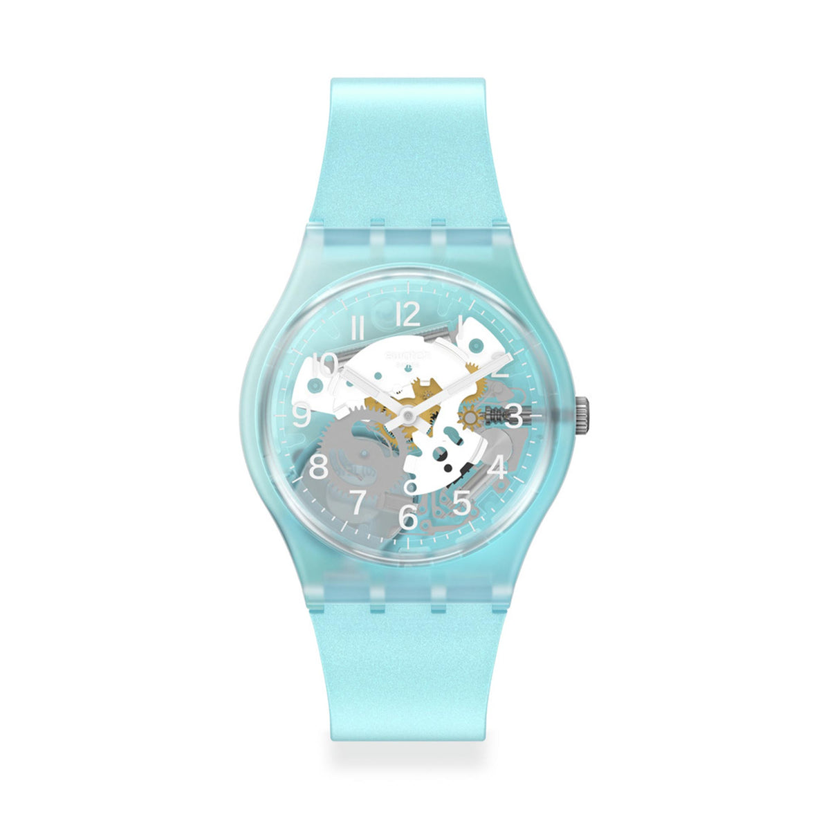 Light blue quartz watch featuring a see-through dial with visible gears and Arabic numerals
