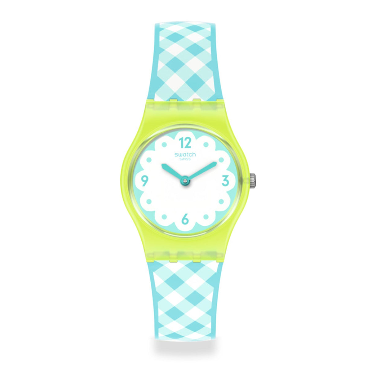 Ladies quartz watch with turquoise dial and mint hands, white-and-blue check strap