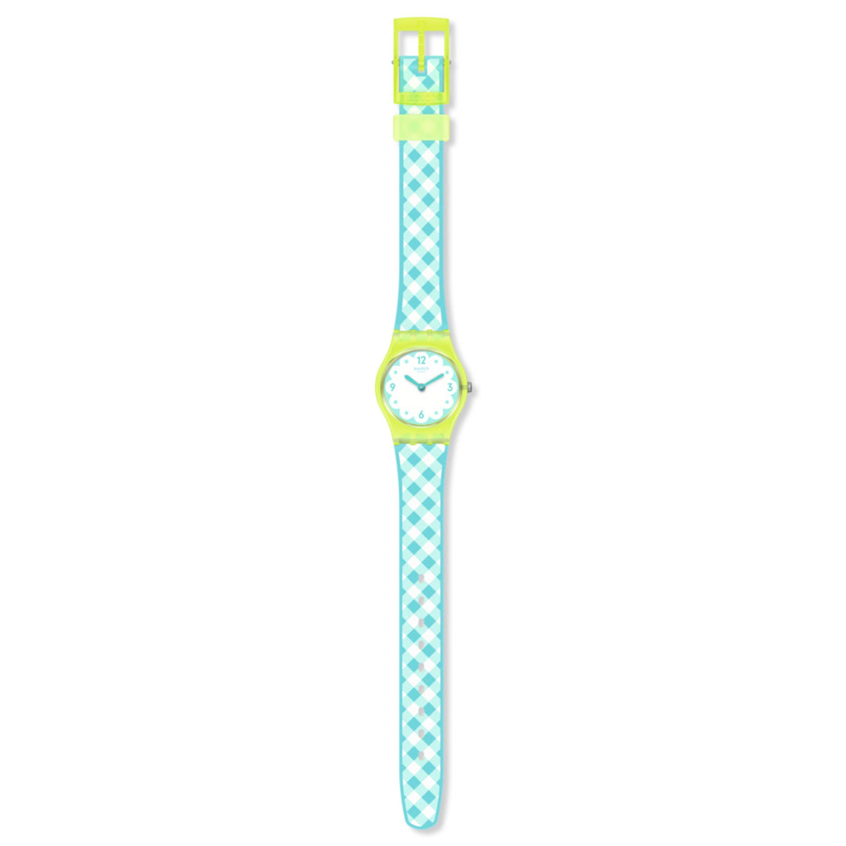 Ladies quartz watch with light blue check strap and turquoise dial, top buckle