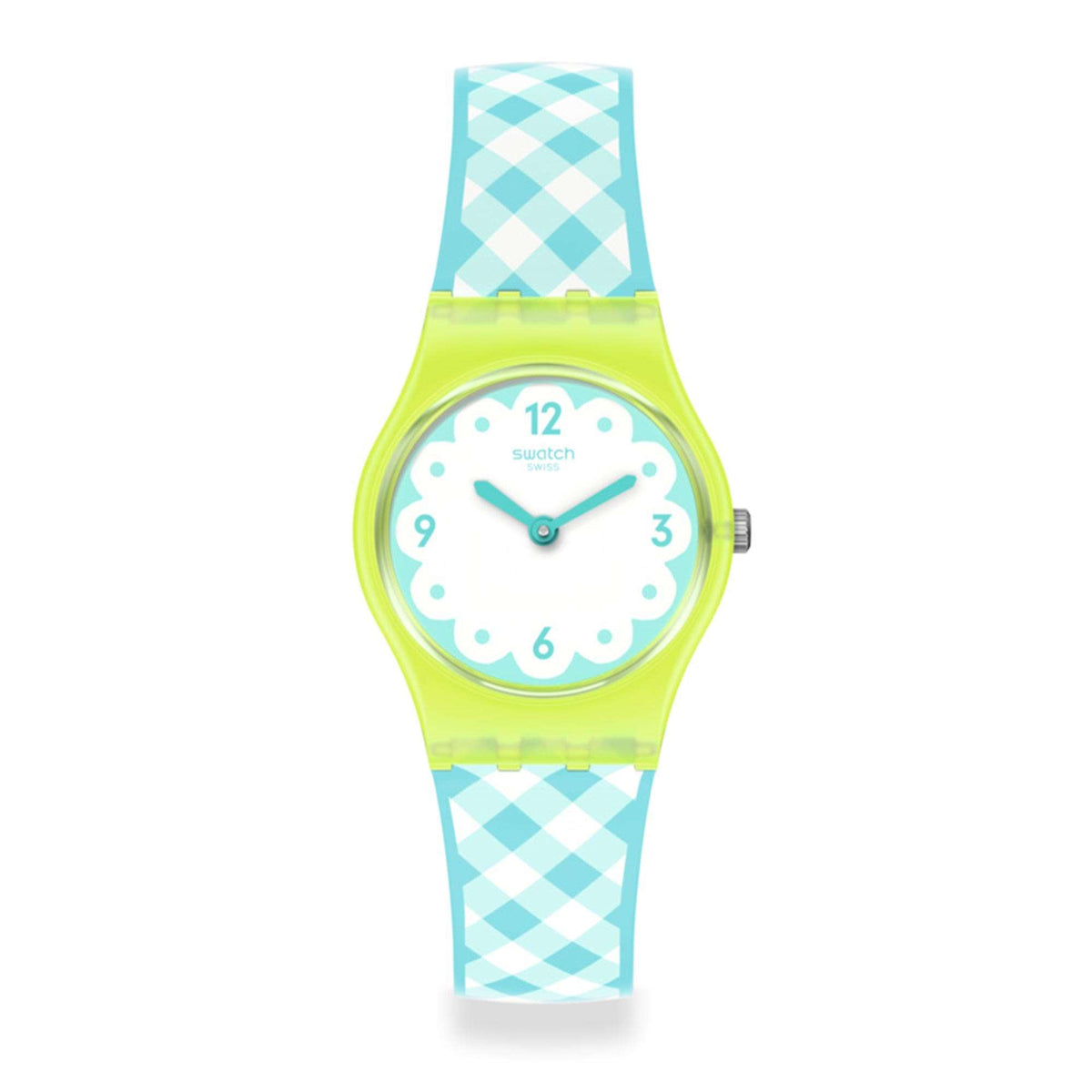 Ladies quartz watch with lime bezel, turquoise dial, and white-and-blue check strap