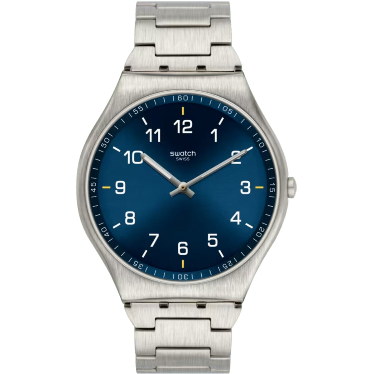 Stainless steel bracelet watch with navy dial, three hands, and silver bezel