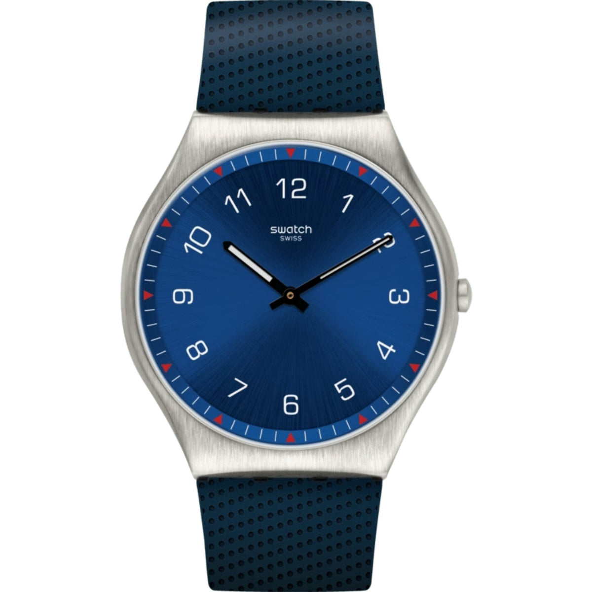 Unisex quartz wristwatch front view, blue dial with red second markers