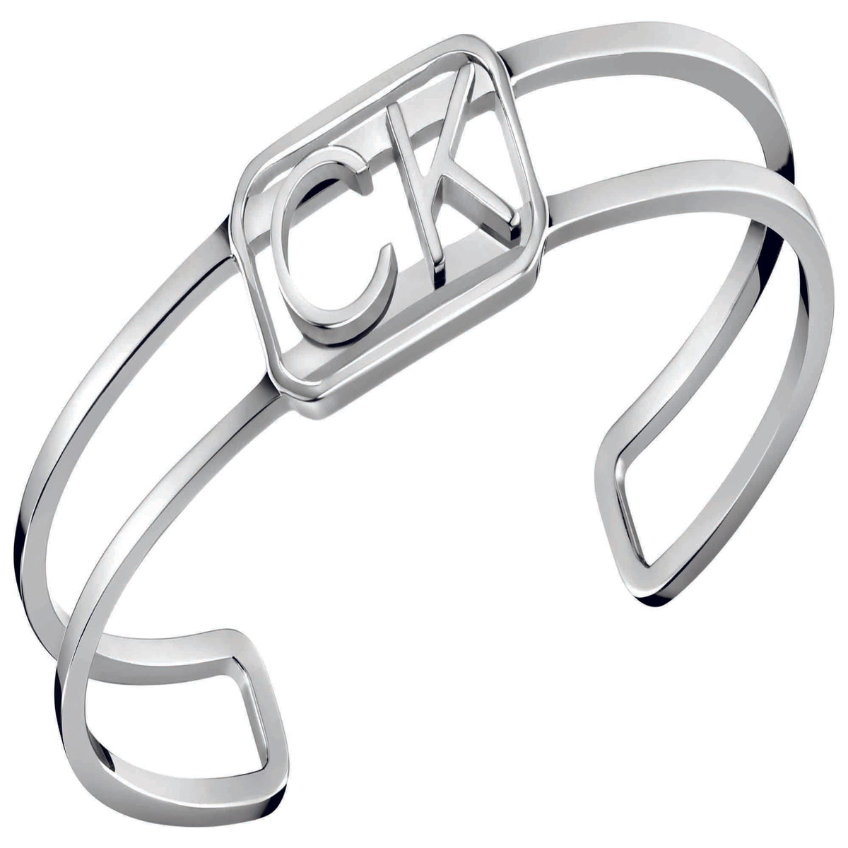 Stainless steel hinged open bangle with CK monogram panel