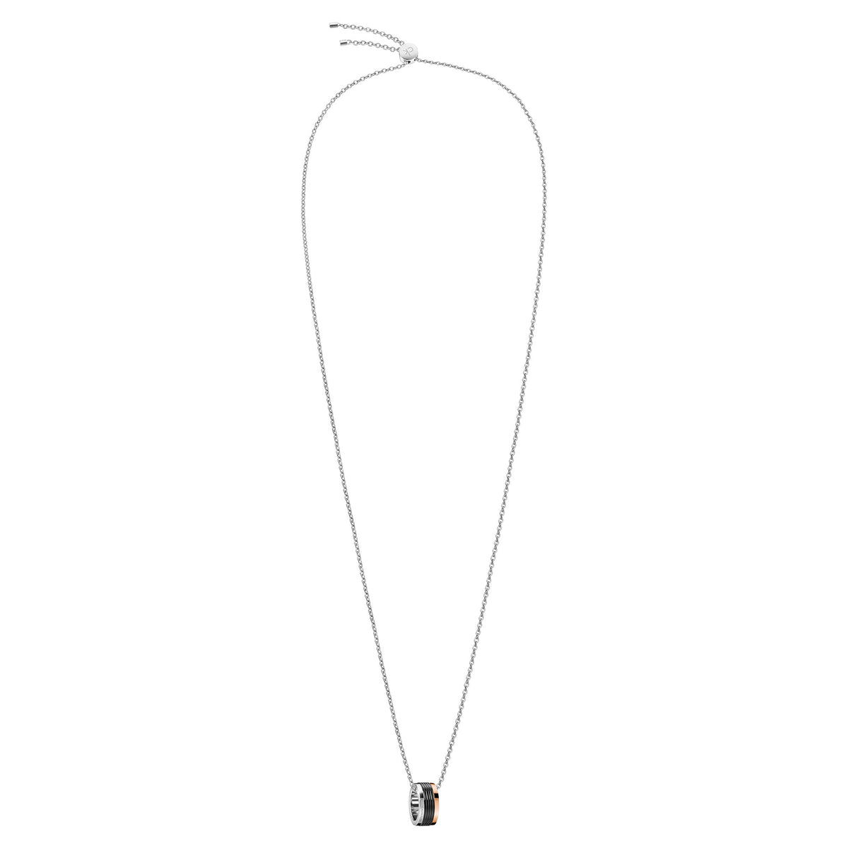 Calvin Klein stainless steel necklace featuring a black ring centerpiece pendant