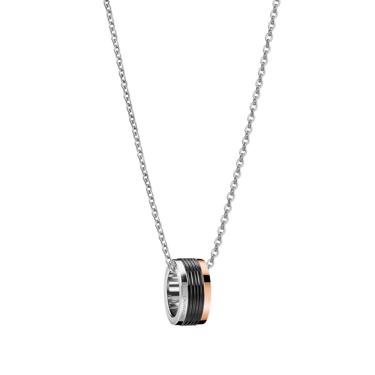 Calvin Klein stainless steel necklace with black and silver ring pendant on a chain